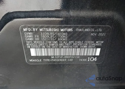 2022 Mitsubishi Mirage G4 Es z USA, uszkodzony, nr VIN ML32FUFJ8NHF02154